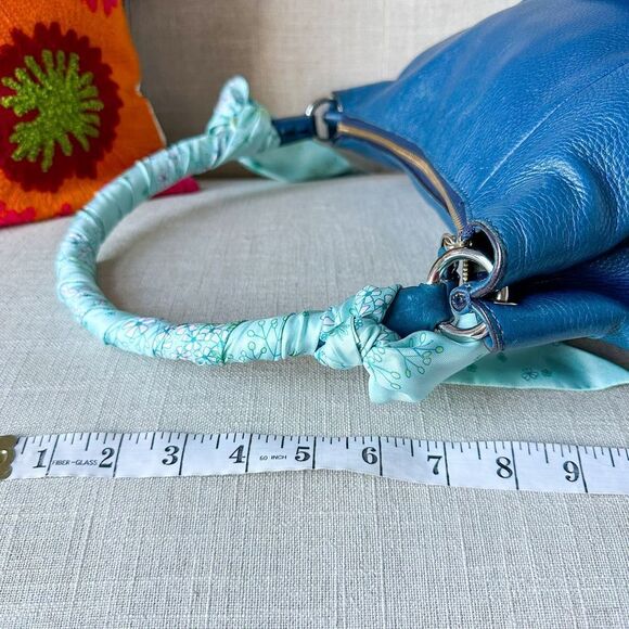 Kate Spade Blue Leather Hobo Shoulder Handbag Purse Custom Silk Wrap Strap - Picture 11 of 14